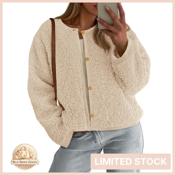 Cropped Faux Fur Jacket Sherpa Fleece Button Down Chic Winter Cozy